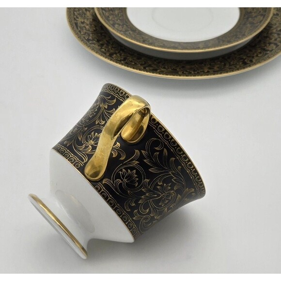 Vintage Sango China Japan Richelieu 3756 Black Gold Cup Saucer Dessert Plate Set - Picture 12 of 15